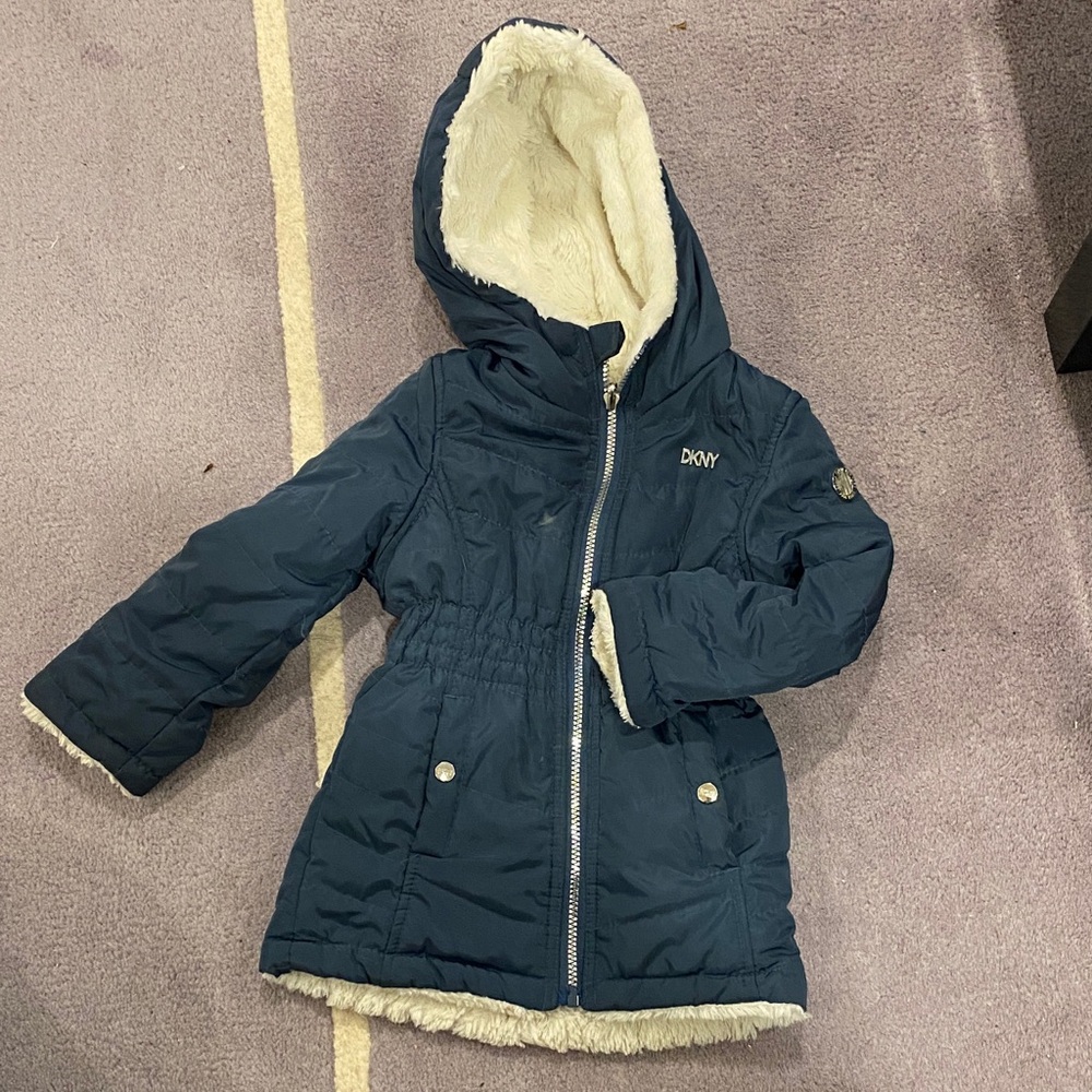 DKNY Dark Blue Hooded Jacket with white faux fur  Lining